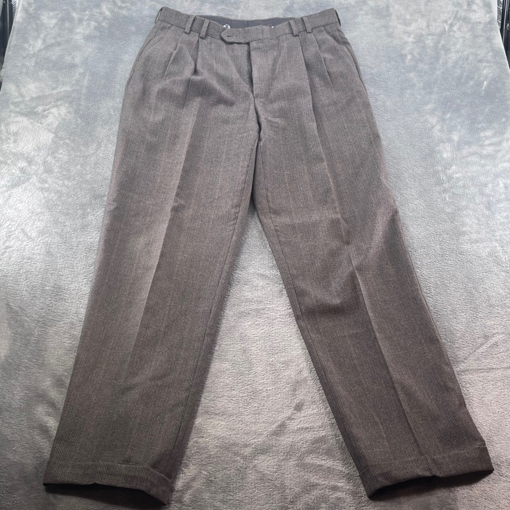 Jos A Bank Mens Brown Glen Plaid Wool Pleated Cuffed Dress Pants 34x30